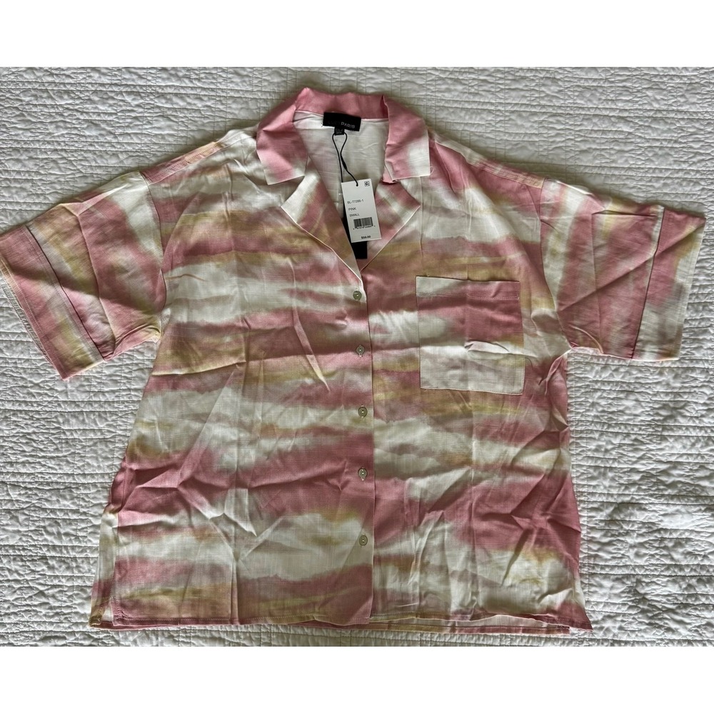 Lucy Paris Womens Pink Brown Short Sleeve Button Down Camp Shirt Box NWT